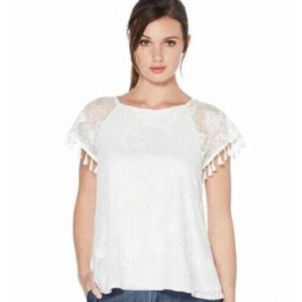 Laundry By Shelli Segal Embroidered Short Sleeve Top White Large MSRP $138